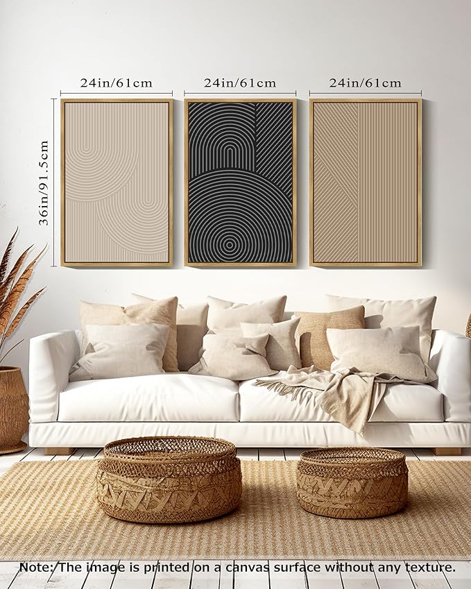 Drsoum Mid-Century Modern Framed Wall Art Large 24x36in Minimalist Abstract Boho Neutral Line Wall Decor Geometric Artwork Kitchen Dining Room Natural Framed