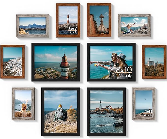 Vittanly 12 Pack Picture Frames Collage Wall Decor for Mounting or Tabletop, Gallery Wall Frame Set for Family, Multi Sizes Including 8x10, 5x7, 4x6, Black & Walnut Brown & Dark Grey