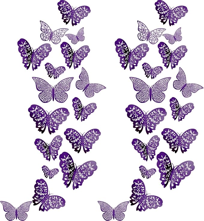 Bememo 72 Pieces 3D Butterfly Wall Decals Sticker Decal Wall Decor Art Decorative Sticker 3 Sizes for Room Offices Bedroom Bathroom Living Room Decor(Purple)