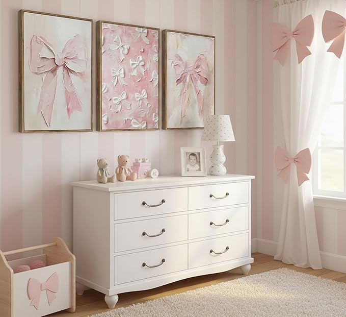 Framed 3D Textured 3Pcs Trendy Pink Bow Canvas Wall Art Vintage Cute Preppy Watercolor Bow Painting Pictures Wall Decor Posters Prints Girly Aesthetic for College Apartment Bedroom Decoration