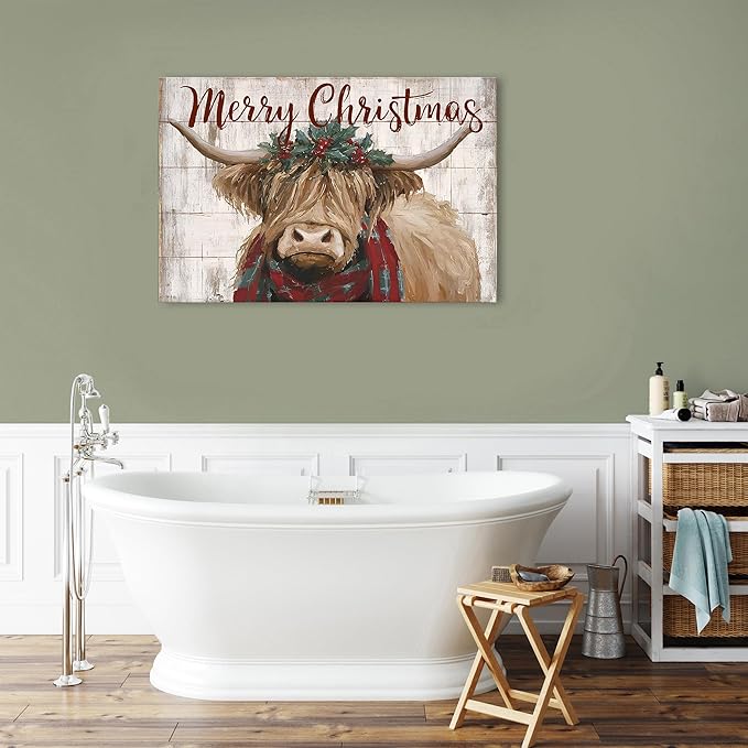 Christmas Cow Pictures Wall Decor Merry Christmas Sign Canvas Wall Art Vintage Longhorn Highland Poster Painting Rustic Farmhouse Animal Prints Artwork for Living Room Bathroom Home Decorations 24x36"