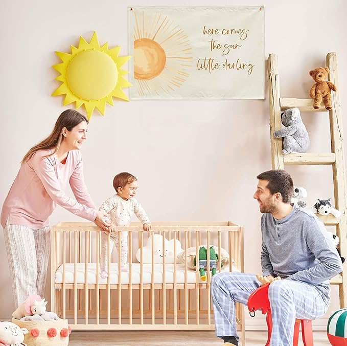 Nursery Rectangular Canvas Banner Wall Decor for Nursery Bedroom Reading Room Playroom Decor-Poster Flag Sign Art for Baby Boy Girl Kids Teen,Baby Shower Birthday Christmas Gift-Here Comes the Sun