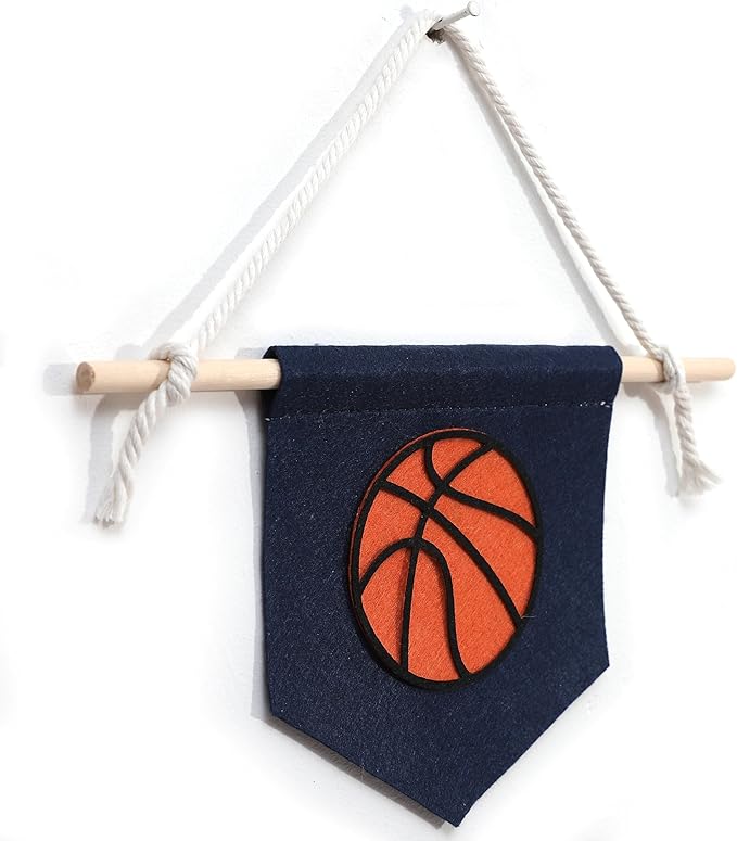 Sports Pennant Wall Hanging, Felt Basketball Football Soccer Wall Art, 11.8x6.6 Inches, Wooden Stick, Kids Room Decor (Football Wall Art) (Basketball Banner)
