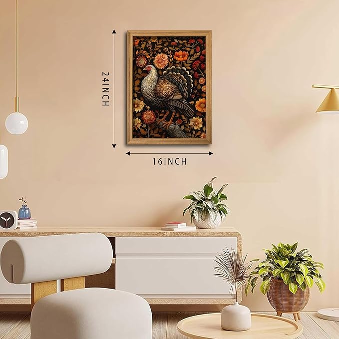 Framed Vintage Turkey 3D Textures Wall Art – Fall Floral Thanksgiving Wall Decor, Rustic Autumn Harvest Bird Artwork Painting for Living Room Kitchen Dining Room – 16x24in