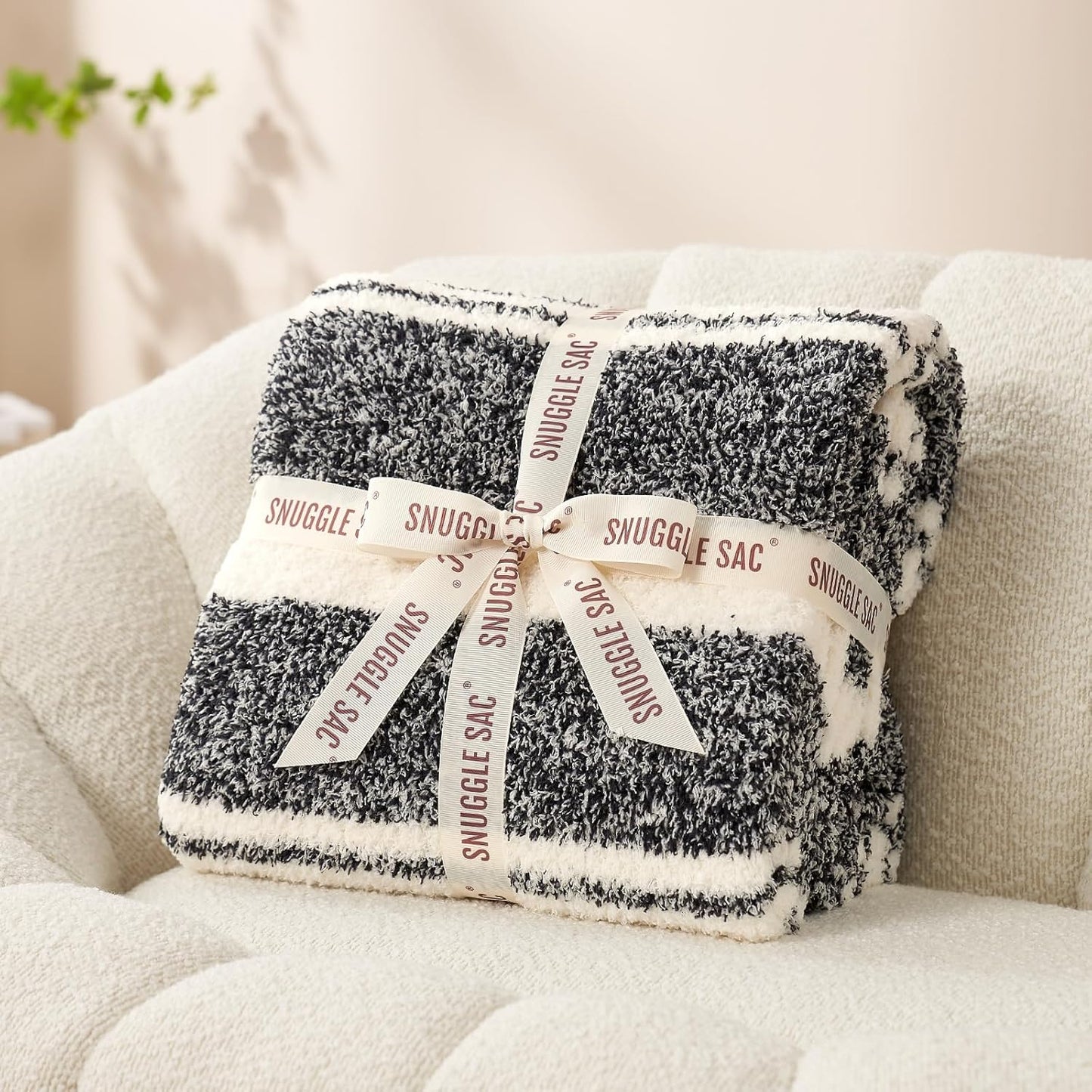 Snuggle Sac Queen Size Bed Blanket Stripe Black, Super Soft Warm Bedding Blankets Cozy Knit Fuzzy Plush Blankets for Bed, Living Room, Stripe Black, Queen 90"x90"