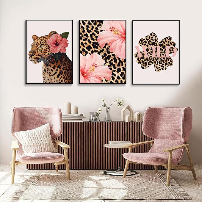 Trendy Leopard Wall Art Pink Cheetah Print Room Decor Leopard Flower Canvas Wall Decor Cheetah Aesthetic Poster Girly Pink Preppy Picture Funky Y2k Artwork for Girl Bedroom 12x16x3 Inch Unframed