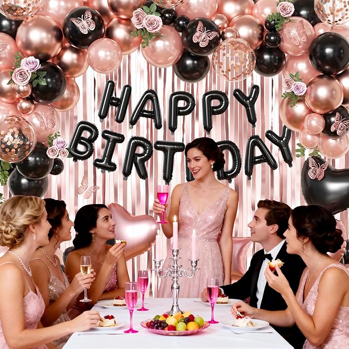 Rose Gold and Black Birthday Decorations for Women Girls, Pearl Metallic Rose Gold Black Foil Confetti Balloons Happy birthday Banner Gold Butterfly Fringe Curtains for Birthday Party Women Girls