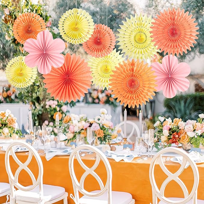 PAPER JAZZ Paper Flowers with Paper Fan Boho Hanging Decor Artificial Flowers Decorations for Wall Pink and Orange Party Decorations for Classroom, Beach Party, Summer Birthday Party Pack of 11.