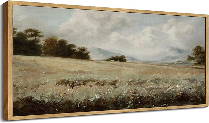 SHENIFY Vintage Framed Wall Art Rustic Grassland Meadow Landscape Painting Retro Wilderness Scenery Farmhouse Kitchen Living Room Decor - 8x16in Natural Framed