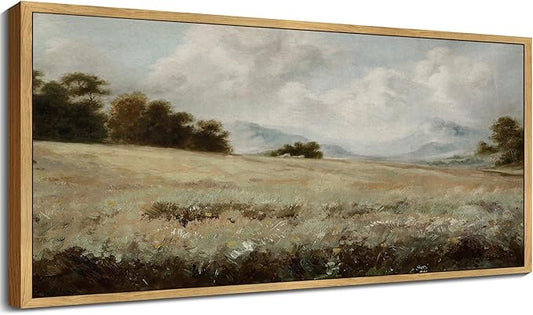 SHENIFY Vintage Framed Wall Art Rustic Grassland Meadow Landscape Painting Retro Wilderness Scenery Farmhouse Kitchen Living Room Decor - 8x16in Natural Framed
