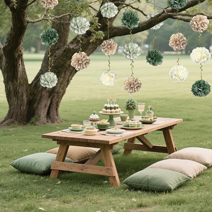 Sage Green Beige Party Decorations Tissue Paper Flowers Pom Pom with Leaf Ribbon Hanging Garland Streamer for Neutral Baby Shower Birthday Wedding Bachelorette Safari Jungle Woodland Party Supplies