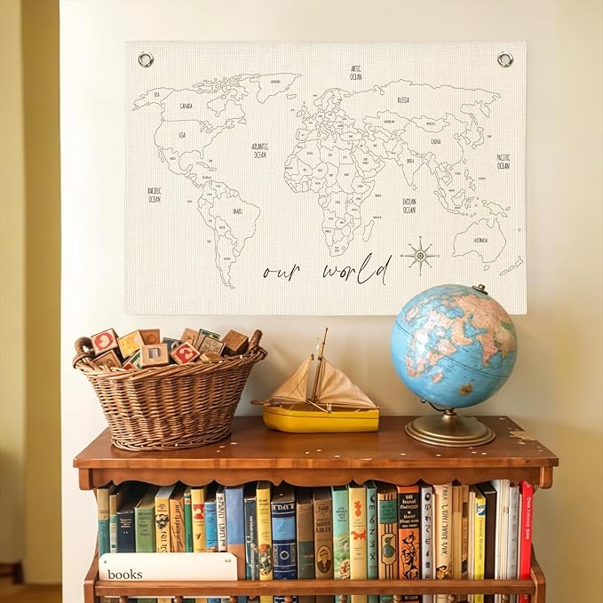 MOFUYU World Map for Kids Canvas Banner - World Maps for Wall, Kids Room Wall Decor, Adventure Nursery Hanging Sign, Geography Learning for Playroom and Bedroom 30x20 Inch