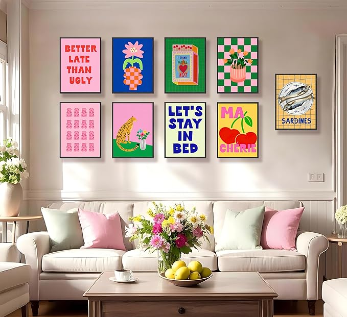 JWDXNOOK 9pcs Colorful Eclectic Wall Art Fashion College Room Aesthetic Posters Wall Decor Vintage Simple Canvas Paintings Prints Suitable for Teen Girls Dormitory Wall Decoration Unframed