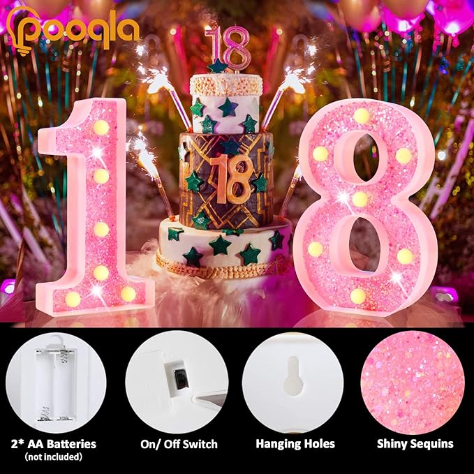 Pooqla Marquee Number Lights, Pink Light Up Numbers for Girls 4th Birthday, Battery Powered Glitter Number Night Light Gift for Christmas Bedroom Dorm Party Decoration, Pink Number 4