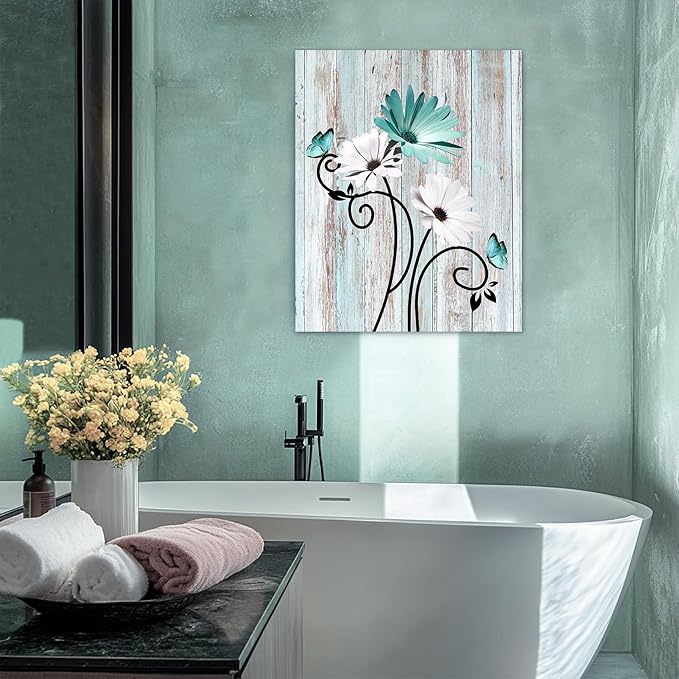 HVEST Teal Daisy Wall Art Vintage Flower and Butterfly on Rustic Wooden Abstract Painting Farmhouse Plant Wall Art for Bathroom Living Room Bedroom Kitchen Decor Ready to Hang, 16Lx12W Inches