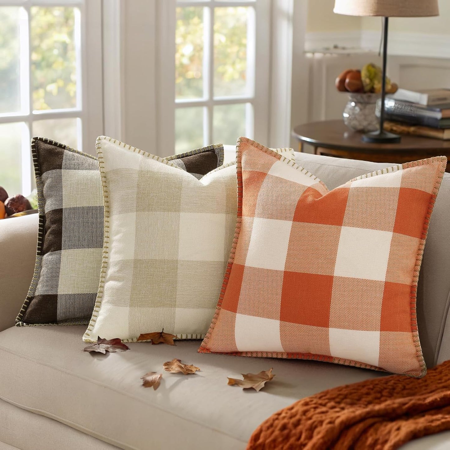 decorUhome Buffalo Plaid Check Fall Throw Pillow Covers 20x20 Set of 2, Outdoor Decorative Farmhouse Pillow Covers with Stitched Edge for Bed Couch Sofa, Cream White and Beige