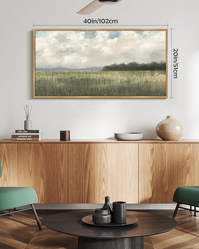 SHENIFY Vintage Landscape Framed Wall Art Country Meadow Scenery Farmhouse Decor Retro Painting for Bedroom Living Room Ready to Hang Wall Artwork - 20x40in Natural Framed