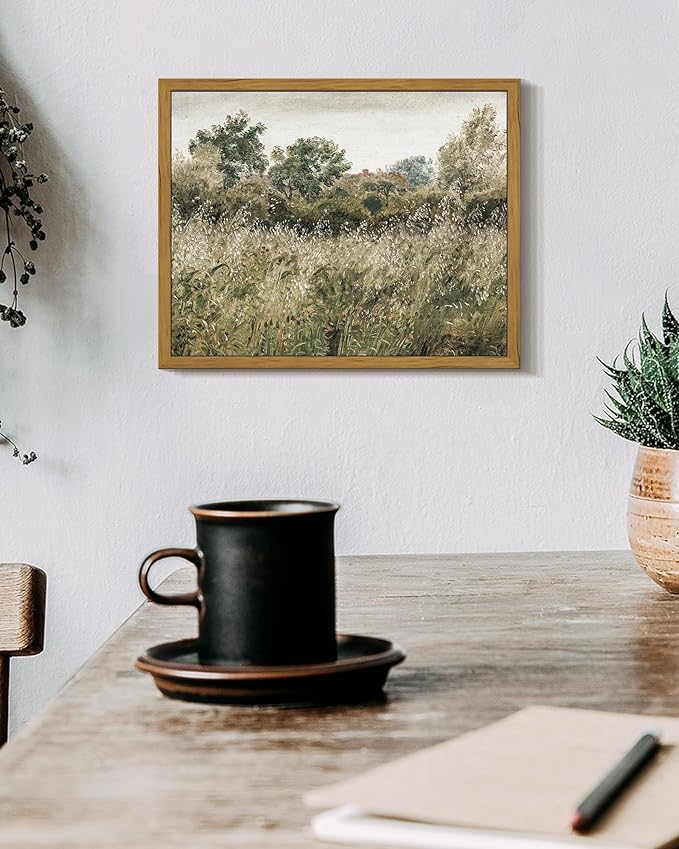 SHENIFY Vintage Landscape Framed Wall Art Meadow Scenery Farmhouse Decor Retro Painting for Living Room Bedroom Ready to Hang Wall Artwork - 8x10in Natural Framed