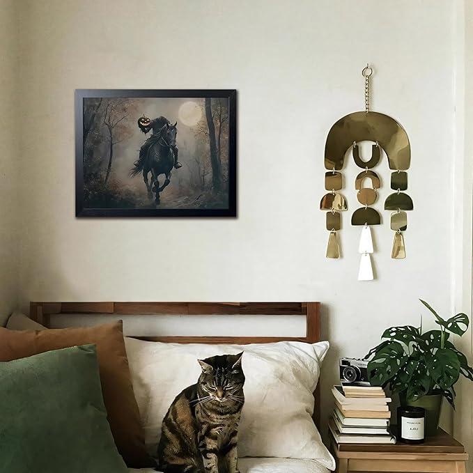 Vintage Canvas Wall Art, Dark Academia Wall Decor, Gothic Poster Print Painting, Headless knight holding a pumpkin lantern Halloween for Living Room Bedroom Decor 12x16 Inch Black Wood Framed