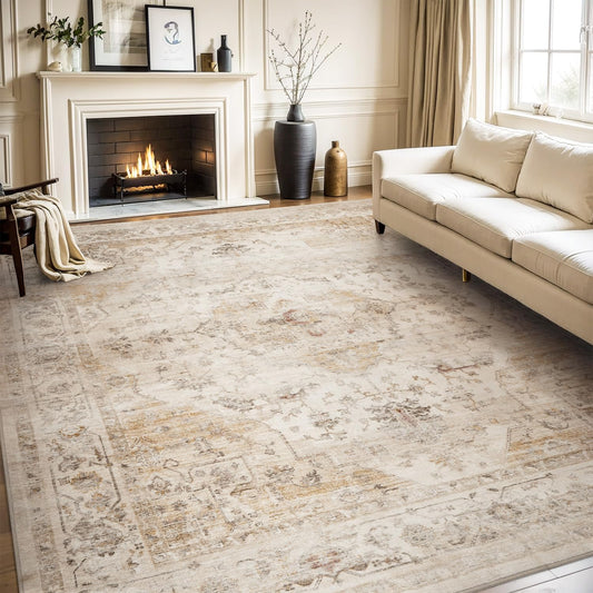 AMOAMI-Area Rug 9X12 Rugs for Living Room-Vintage Soft Beige Rugs for Bedroom-Non Slip Carpet-Washable Rug for Dining Room Living Room Bedroom Office Under Table