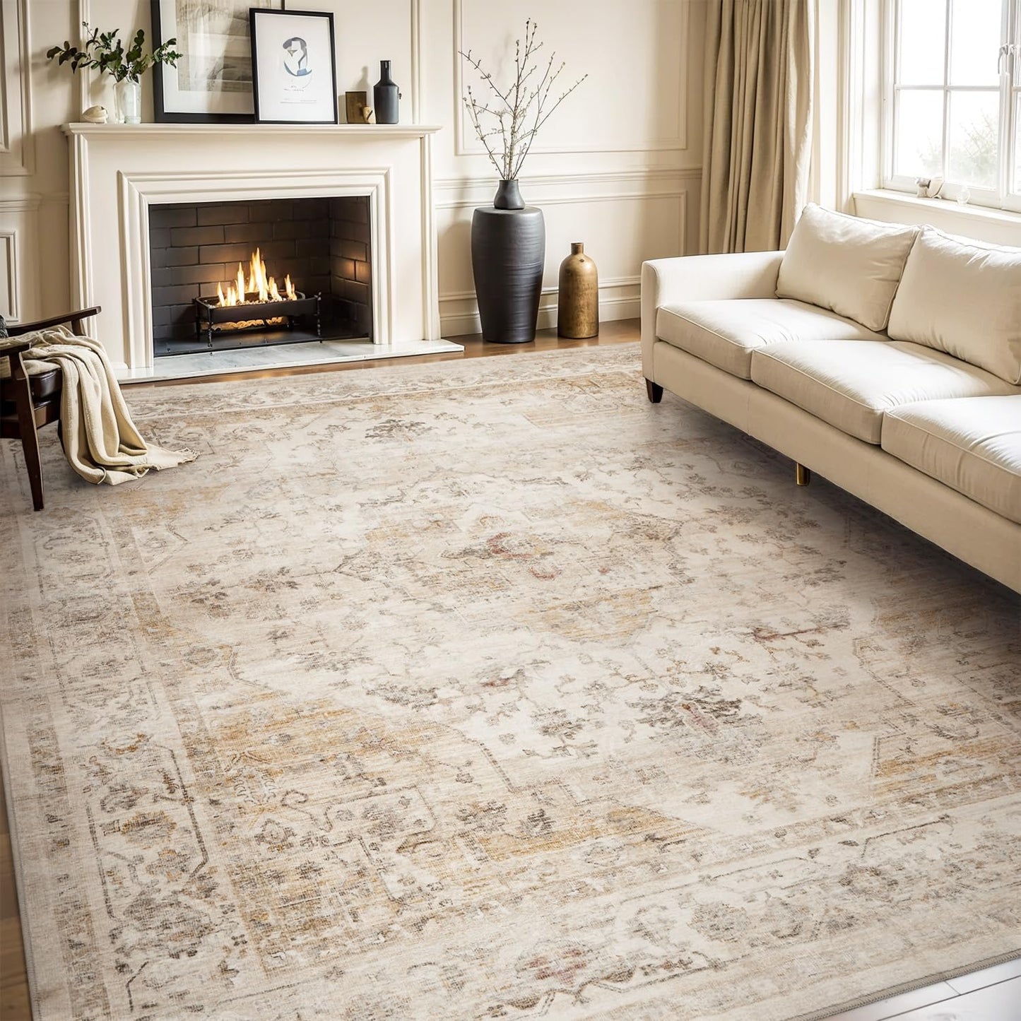 AMOAMI-Area Rug 6X9 Rugs for Living Room-Vintage Soft Beige Rugs for Bedroom-Non Slip Carpet-Machine Washable Rug for Dining Room Living Room Bedroom Office Under Table
