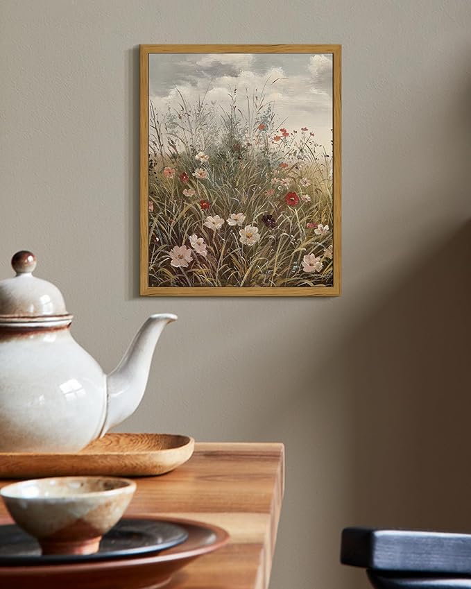 SHENIFY Vintage Landscape Framed Wall Art Wildflower Field Scenery Farmhouse Decor Retro Meadow with Flowers Painting for Kitchen Living Room Bedroom Bathroom - 8x10in Natural Framed