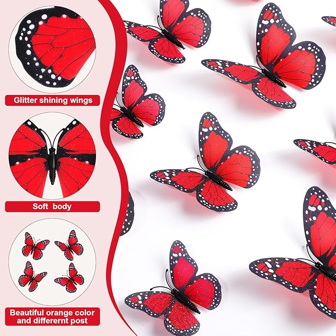 Chuangdi 48 Pcs Red Monarch Butterfly Decorations 3 Size Fake Butterflies Realistic Butterfly Craft Artificial Mariposas Wall Decor for Craft Wedding Home Birthday Party (3.2inch,4inch,4.7inch)