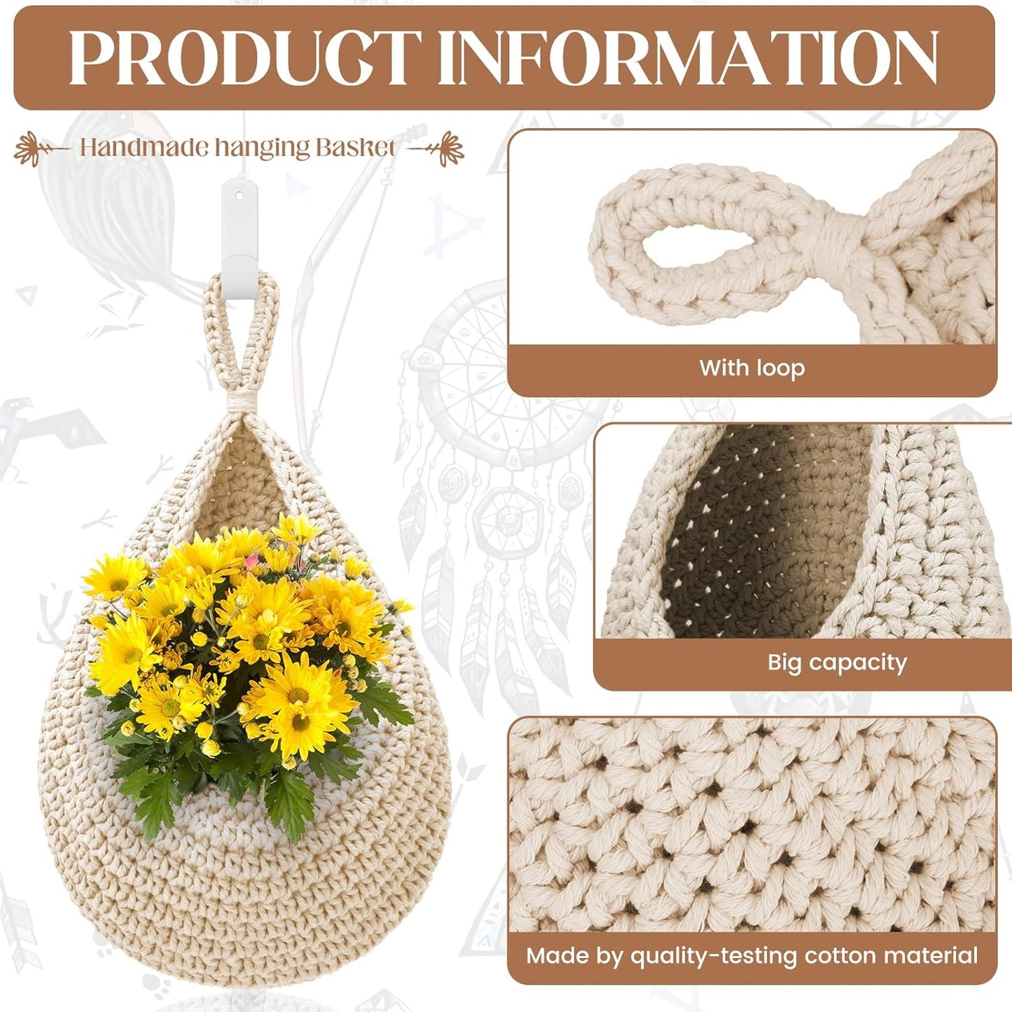 Hanging Fruit Baskets for Kitchen - 3 Pack Boho Wall Hanging Basket with 6 Pcs Strong Hooks, Handwoven Onion Storage Teardrop Home Onion Basket for Fruits Vegetable Potato Kitchen Storage (White)