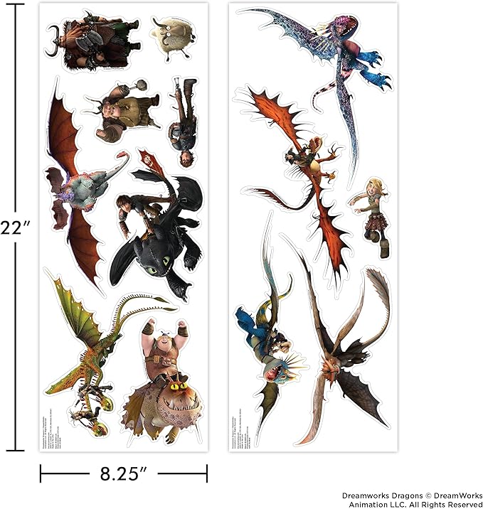 How to Train Your Dragon Wall Decals - Set of 13 Removable Vinyl Stickers for Kids Bedroom Playroom Bathroom - Peel and Stick Room Décor
