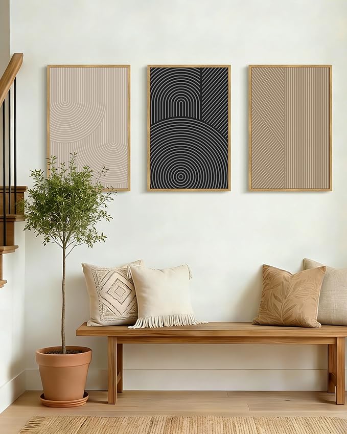 Drsoum Minimalist Boho Wall Art Framed Modern Abstract Neutral Line Wall Decor Mid Century Geometric Artwork Bedroom Living Room 16x24in Natural Framed