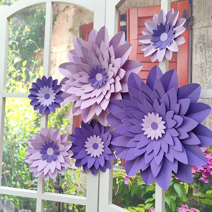 Purple Paper Flower (12''-5'' Assorted) for Wall Backdrop Wedding Mermaid Birthday Baby Shower Purple Party Decor Pack of 6