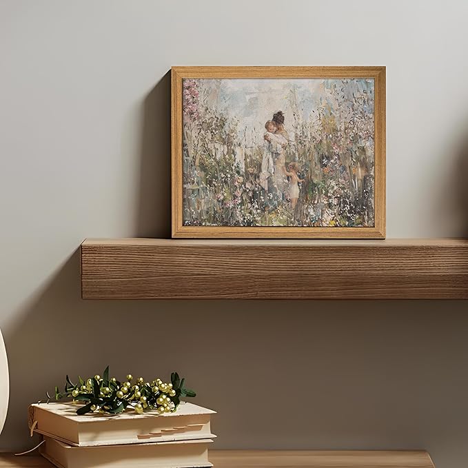 3D Textured Vintage Cottagecore Wall Art, Mom Holding Baby In Wildflowers Wall Decor Painting, Impressionist Sandstone Artwork Picture for Mother’s Day Gift Nursery Bedroom 12x16 Inch Framed