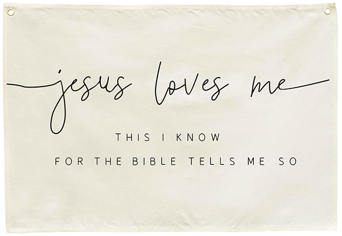 Jesus Loves Me Christian Bible Verse Scripture Nursery Canvas Banner-Rectangular Flag Sign for Baby Boy Girl Kids,Bedroom Playroom Above Crib Decoration-Baby Shower Baptism Christmas Gift