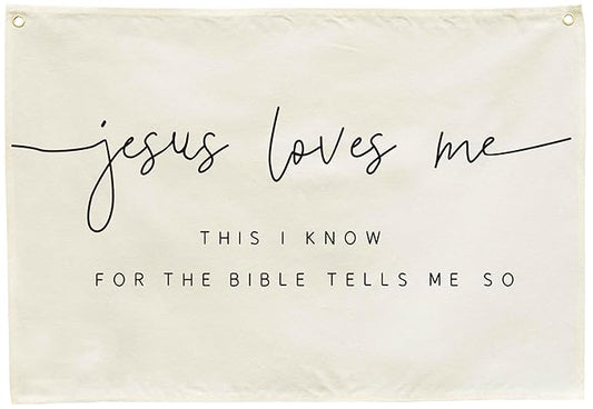 Jesus Loves Me Christian Bible Verse Scripture Nursery Canvas Banner-Rectangular Flag Sign for Baby Boy Girl Kids,Bedroom Playroom Above Crib Decoration-Baby Shower Baptism Christmas Gift