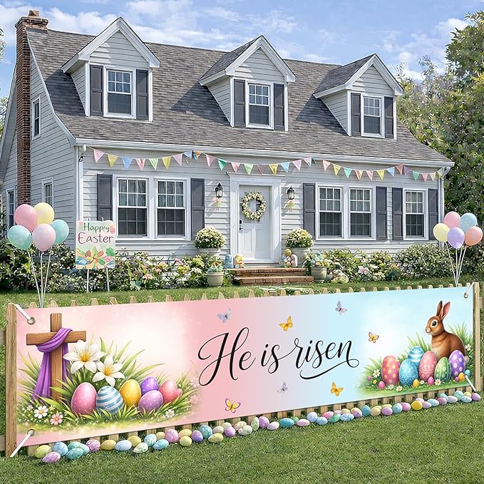 He Is Risen Easter Banner Christian Spring Decor 78 x 17 Inch Religious Easter Banner with Cross Eggs Bunny Scene for Church Yard Fence Door Wall Indoor Outdoor Display