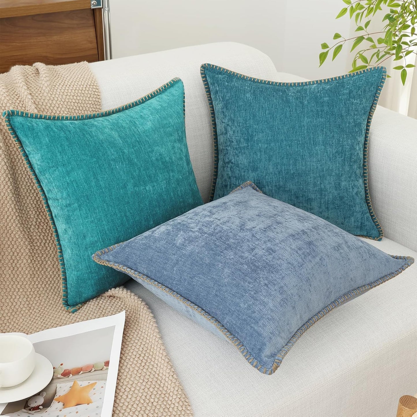 decorUhome Chenille Soft Throw Pillow Covers 24x24 Set of 2, Farmhouse Velvet Neutral Decorative Euro Pillow Covers with Stitched Edge for Couch Sofa Bed Home Decor, Turquoise