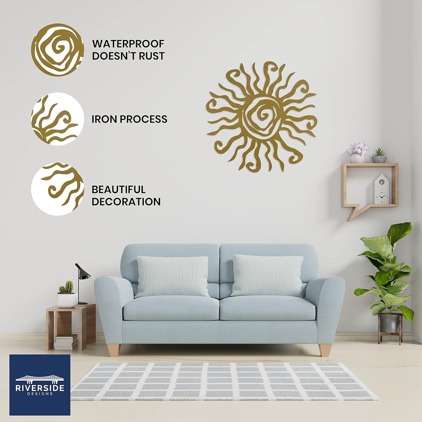 Riverside Designs Wacky Sun Metal Wall Art Indoor/Outdoor Decor - 30" Gold Rust Proof Wall Sculpture - Made in USA - Ideal for Bedroom, Garden, Home, Patio and Farmhouse