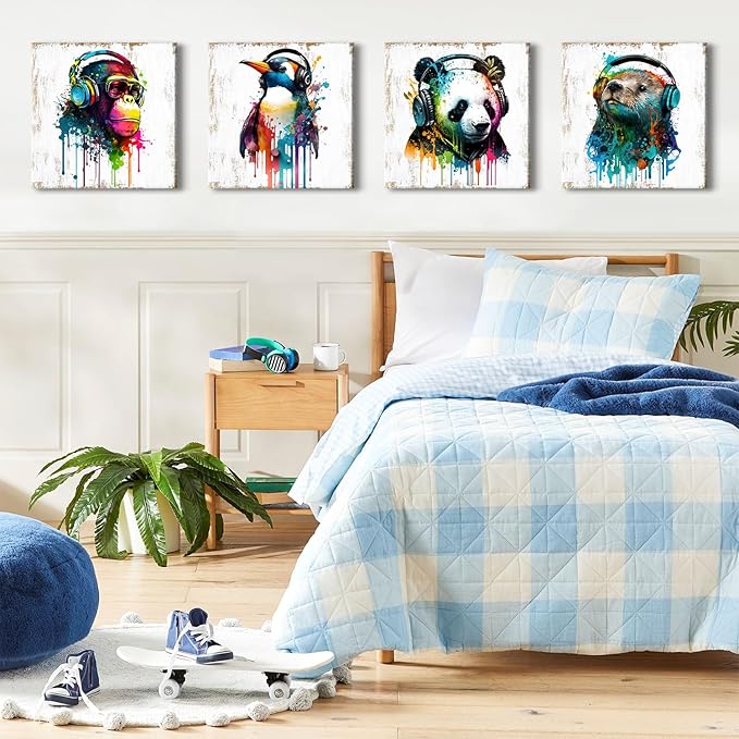 Animals Wall Art Baby Nursery Room Wall Decor Humor Panda Bear Canvas Pictures Kids Bedroom Artwork Colorful Funny Penguin Chimpanzee Posters Graffiti Artwork Living Room Home Decorations 20x20” 4 Pcs