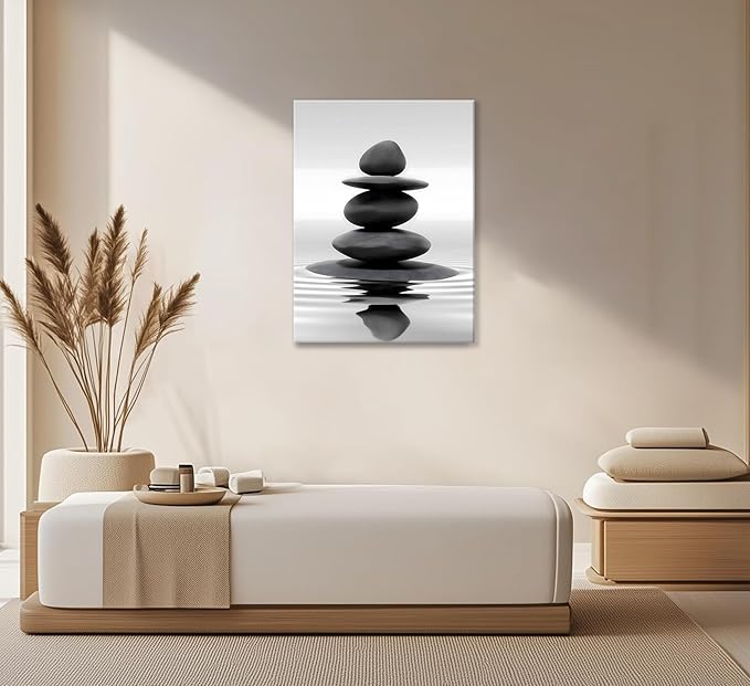 Zen Canvas Wall Art Black Stacked Stone Poster Print for Spas Bathrooms Yoga Rooms Meditation Spaces Wall docer Ready to hang 16x24in Framed