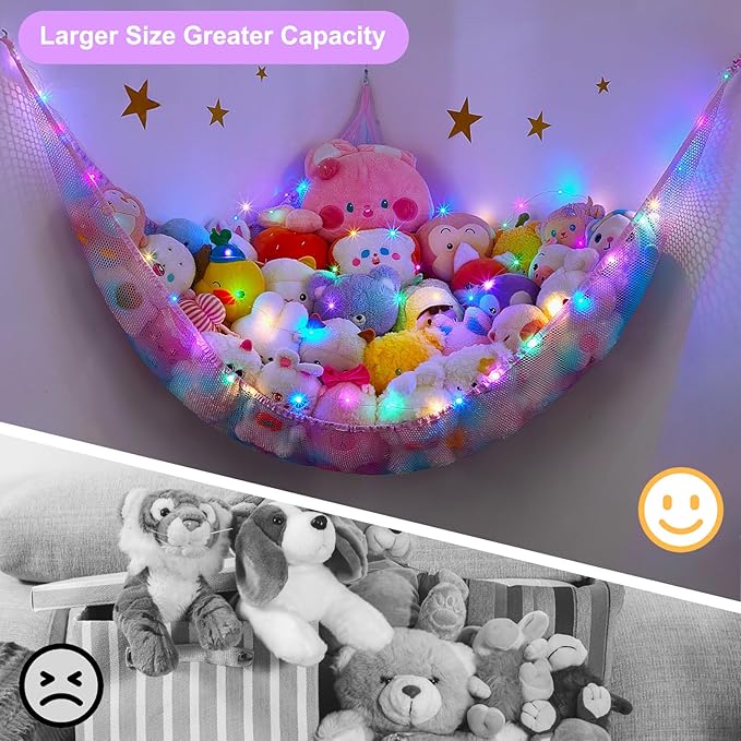 Unicorn Castle Stuffed Animals Net or Hammock Kids Toy Storage Organizer with LED Light Hanging Corner Stuffed Animals Holder Kids Girls Room Decor,Blue-Purple,XLarge (Pack of 1)