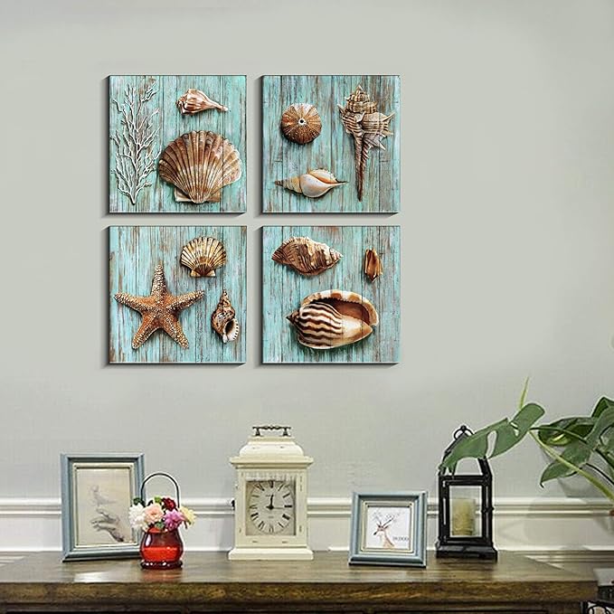 Blue Shells Wall Art Home Decor for Bathroom Shell Conch Framed Canvas Prints Sea Ocean Paintings Pictures Marine Life Coral Starfish Modern Large Artwork Living Room Home Decoration Set 4 Pcs 16x16