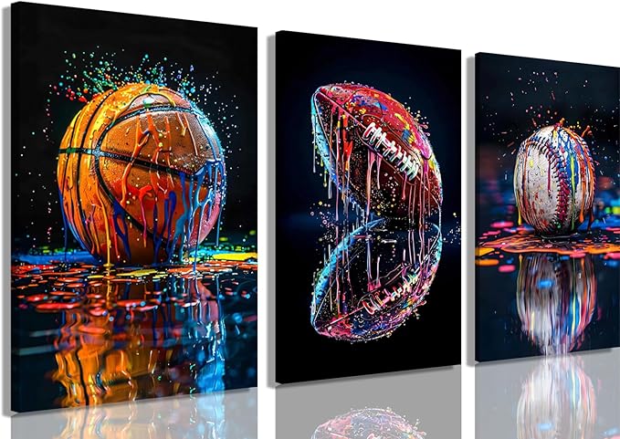 Sports Wall Art Set of 3, Retro Basketball Rugby Football Baseball Canvas Prints, Graffiti Style Print Artwork Ball Painting Wall Decor for Boys Bedroom Game Room Living Room Home Decor12x16 in Framed