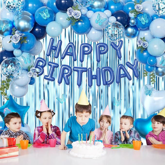 Navy Blue Birthday Decorations for Men Boys, Navy Blue Macaron Light Metallic Blue Confetti Balloons Happy Birthday Banner Butterfly Fringe Curtains for 21st 25th 30th Birthday Decorations