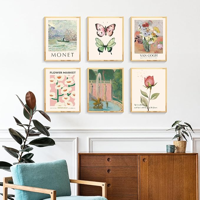QIAOMICS Wall Art Prints Aesthetic,Flower Market Wall Art Prints for Bedroom,Monet&Van Gogh Poster,Colorful Abstract Girls Room Decor Floral Drawing Posters for Livingroom Decor