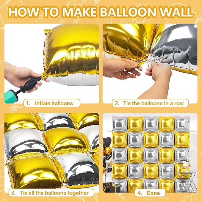 NISOCY 25PCS Metallic Silver Gold Square Foil Balloons Wall Backdrop Double Sided Chrome Gold Silver Balloons Arch Kit for Christmas New Year Anniversary Birthday Engagement Bridal Party Decorations