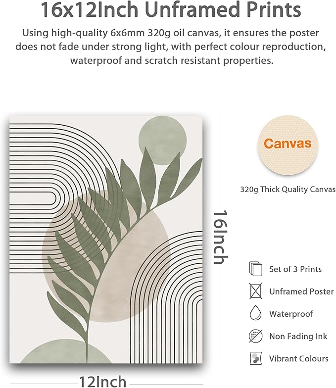 HesenDot Unframed Boho Sage Green Canvas Prints,12x16in Botanical Line Wall Art,Set of 3 Abstract Geometric Posters Decor,Minimalist Modern Green Artwork for Living Room Bedroom Bathroom Office Home
