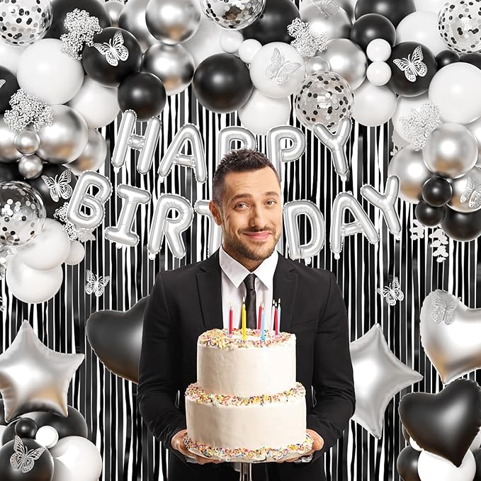 Black and Silver Birthday Decorations for Men Women, Black White Silver Confetti Balloons Happy birthday Banner Butterfly Fringe Curtains for 21st 25th 27th 30th Birthday Decorations
