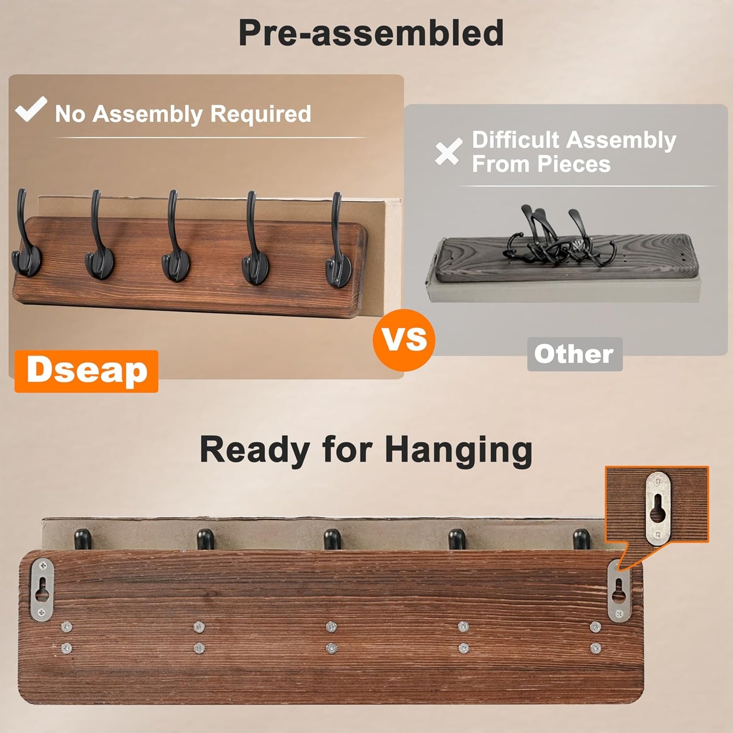 Dseap Coat Rack Wall: Patented, Heavy-Duty, 17.4" Long 5-Double-Hooks Wooden Wall Mounted Coat Rack Coat Hanger Hook Rail for Winter Coats Hat Jacket Clothing, Weathered Brown, Pack of 2