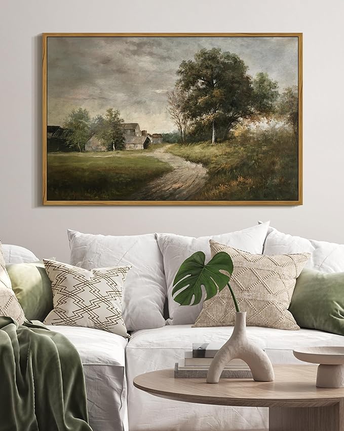 SHENIFY Vintage Landscape Framed Wall Art Rustic Cottage Countryside Farmhouse Decor Retro Painting for Hallway Living Room Bedroom Dining Room - 16x24in Natural Framed