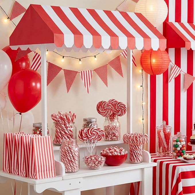 Boao 4 Pack Circus Awning Decoration 3D Stripe Cardboard Awning Carnival Wall Decor Circus Party Favors for Lemonade Stand Bakery Ice Cream Truck Bulletin Board(Red and White,Striped Style)